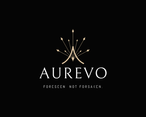 Aurevo logo with a stylized design on a black background